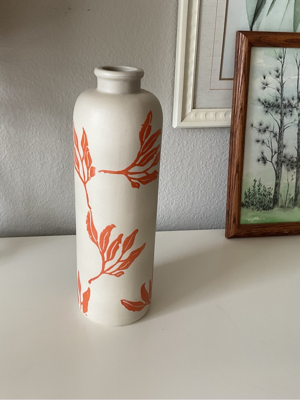 Cream Ceramic Vase with Orange Leaf Motif, made in Portugal